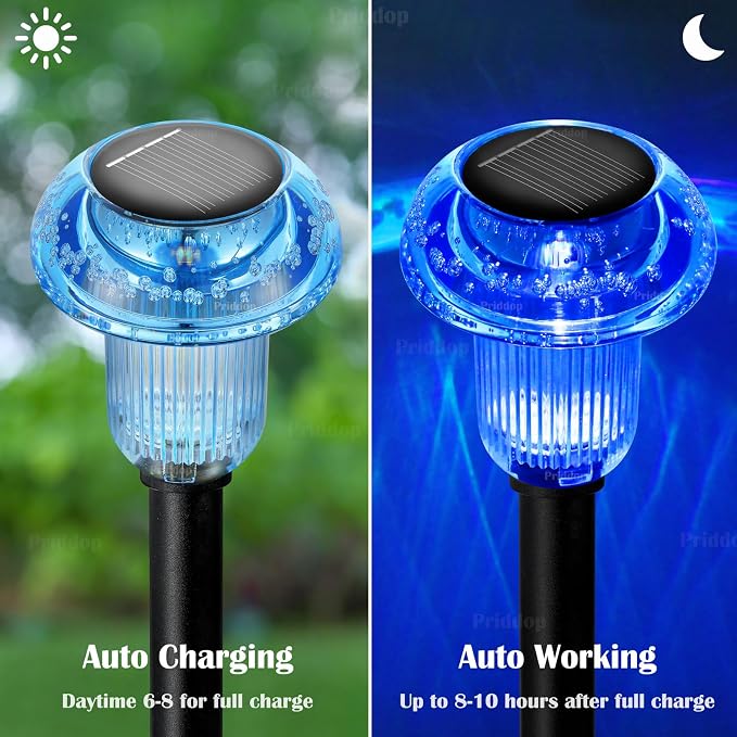 Priddop Solar Garden Lights Outdoor Waterproof 8 Pack Blue LED Mushroom | Yard Pathway Walkway Patio Landscape Path Lights, Acrylic ABS, Ground Patterns Replaceable Battery, Outside Christmas Decor