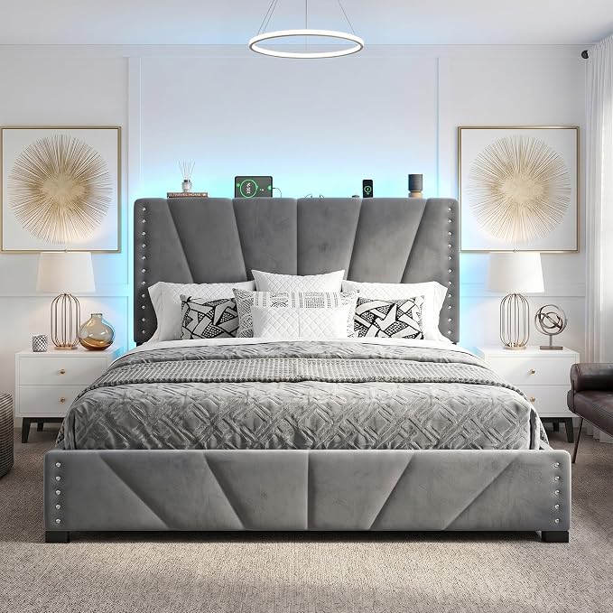 EnHomee Queen Bed Frame with LED Lights & USB, Noise-Free, Charcoal Grey | Adjustable Velvet Headboard，Under-Bed Storage，Heavy Duty Support with 12 Slats，No Box Spring Needed，Easy Assembly for Bedroom