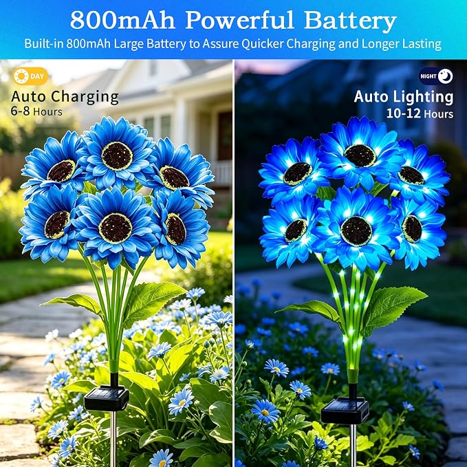 MRHEPHAESTUS Solar Garden Lights Outdoor, 4 Pack Solar Blue Sunflower Lights with 18 Head 3.5 Inch Flowers, Waterproof Flowers Light Fall Decor Auto ON/Off for Garden Yard Patio, Gifts for Mom Women