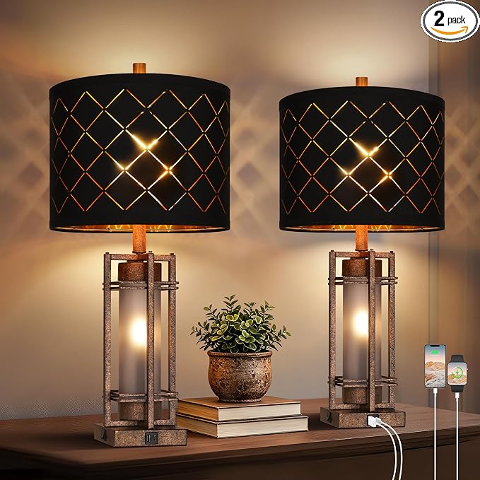 WIHTU Vintage Finish Table Lamp Set of 2 with USB Ports, Metal Desk Lamps | Black Grid Shade, Square Base, LED Bulbs Included E26 Base, with USB Port, Rocker Switch, Desk Lamps for Living Room, Bedroom