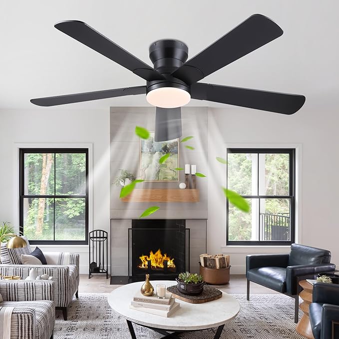 52" Black Ceiling Fans with Lights and Remote - Flush Mount Fan Light with 5 Reversible Blades, 3CCT Dimmable, DC, Low Profile Ceiling Fan for Modern Indoor, Covered Outdoor