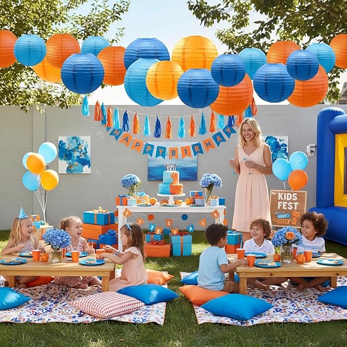 CC wonderland zone 12pcs Orange and Blue Paper Lanterns,Hanging Paper Lanterns for Bridal Shower Rustic Boho Birthday Wedding Home Decor Party Decoration