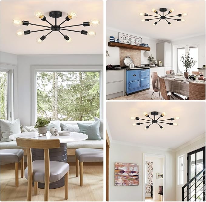 Lomoky 8-Lights Semi Flush Mount Ceiling Light, Matte Black Hallway Ceiling Lighting with E26 Base, Modern Sputnik Light Fixtures for Kitchen Dining Room Bedroom Living Room