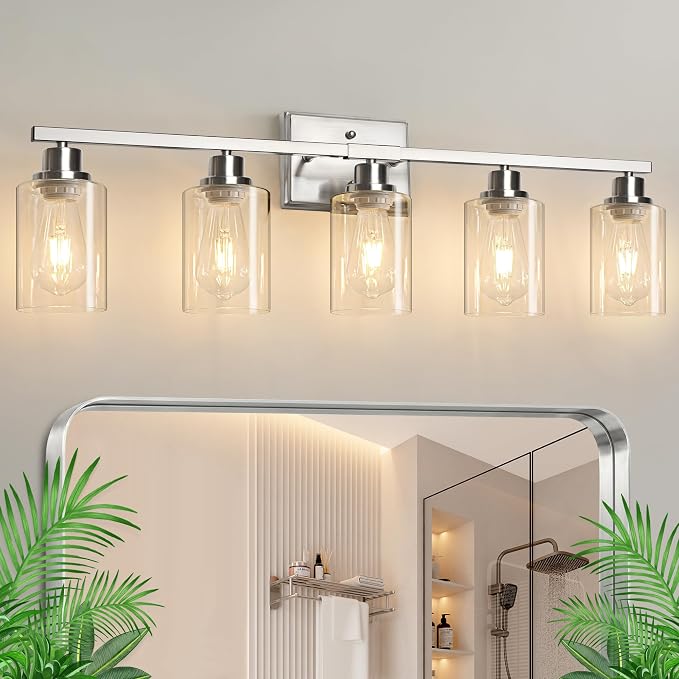 Ascher 5-Light Bathroom Light Fixtures, Modern Brushed Nickel Vanity Lights Over Mirror, Wall Lights with Clear Glass Shades for Hallway, Cabinet, Porch, Bedroom
