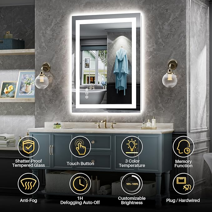 24x30 Inch LED Bathroom Mirror with Lights, Backlit & Front Lit | Anti-fog, 3 Color Dimmable, Memory Function, HD Reflection Tempered Glass, ETL Listed, IP54 Waterproof