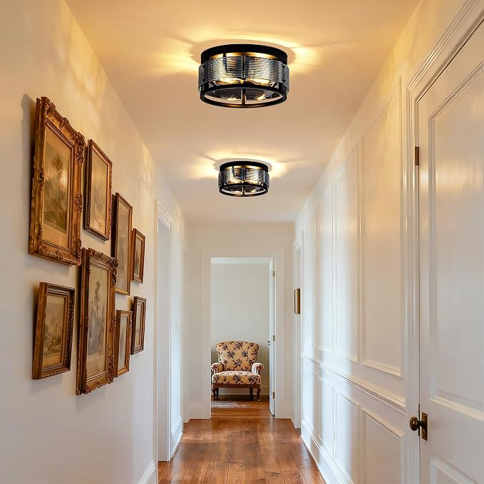 MAYNA 2-Light Round Flush Mount Ceiling Light Fixture,Black Metal Glass Farmhouse Ceiling Light with LED Bulb, Vintage Industrial Ceiling Lamp for Bedroom Kitchen Hallway Entryway