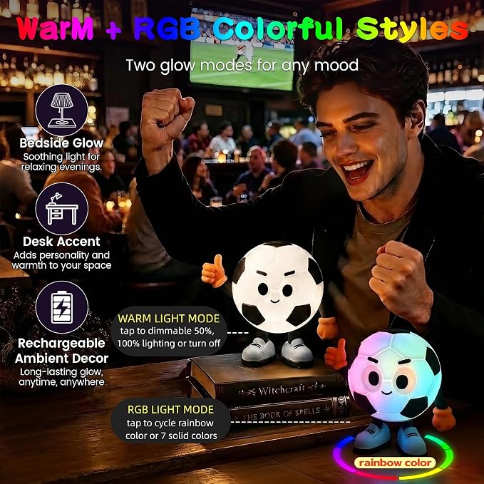 YR YRHH-PET Soccer Night Light, Thumbs Up Positive Lamp, Kid Boy Room Décor | Rechargeable Colorful Soccer Stuff, Sports Nightlight, Teens Ball Fan Cute Gifts, Dimmable, Timer, Squishy Nursery Touch Lamp