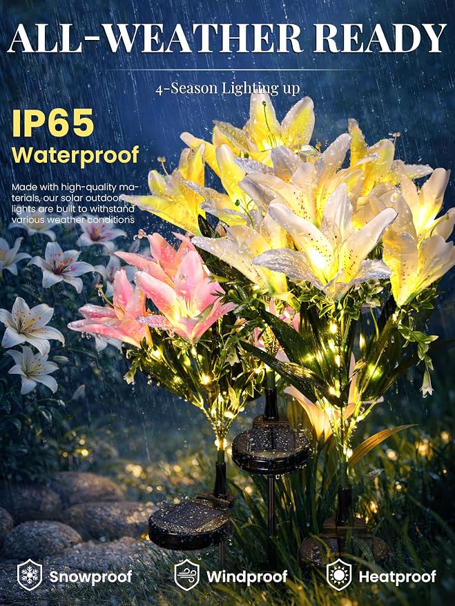 GIGALUMI Solar Garden Lights, 4 Pack LED Lily Solar Flower Lights Outdoor | Garden Decor Carefree Artificial Flowers Lily, 3 Lighting Mode, Yard Decorations, Gardening Gifts (1Yellow, 1White,2Pink)