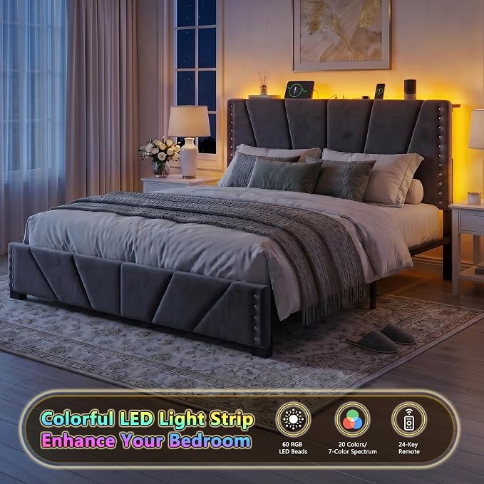 EnHomee Queen Bed Frame with LED Lights & USB, Noise-Free, Charcoal Grey | Adjustable Velvet Headboard，Under-Bed Storage，Heavy Duty Support with 12 Slats，No Box Spring Needed，Easy Assembly for Bedroom