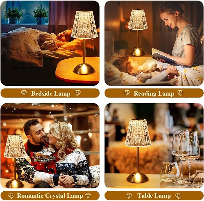 Cordless lamp,Dimmable Crystal Table Lamp 3 Colors LED Gold Lamp | 3 color modes with adjustable brightness for bedrooms, offices and home decor. Great gift for women, moms, teachers & friends