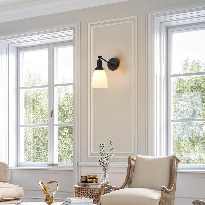 Industrial Vintage Slope Pole Single Sconce with 5.5" Oval Dome White Glass Shade Black Wall Sconce Wall Mount Light Lamp Fixture