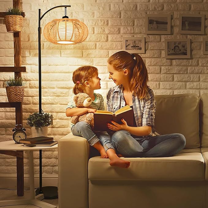 Arc Floor Lamps for Living Room Bedroom Rattan Boho Floor Lamp with Remote Control,Dimmable Led Standing Lamp Wicker Lamp Shade Rustic Tall Floor Lamp Modern Flower Lamp for Bedroom Corner