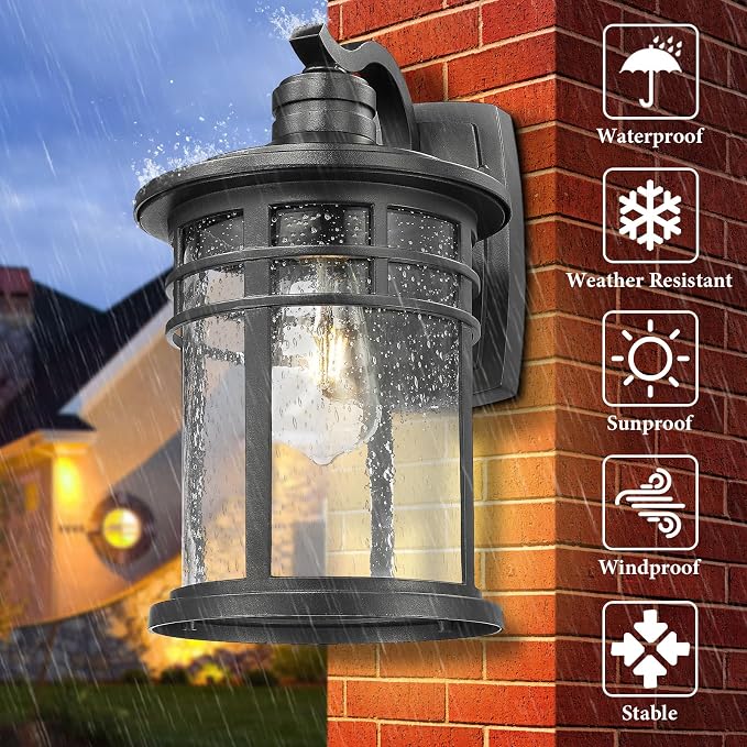 Darkaway Large Outdoor Porch Lights Wall Mount, 15inch Outdoor Light Fixtures Sconces Wall Lighting with Seeded Glass Exterior Lights for Patio Yard House Hallway Doorway Garage(Large, Black)