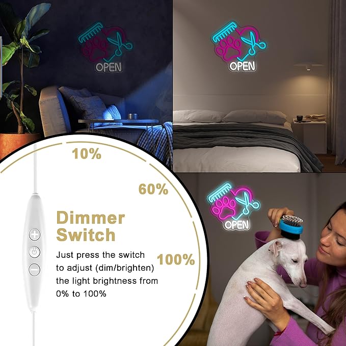 Mutank Pet Shop Open Neon Sign, Paw Neon Light USB Powered LED Dimmable Scissors Sign, for Pet Shop Business Sign Pet Spa Pet Salon Animal Clinic Decor Pet Grooming and Welcome Sign(13.3 * 12.2 In)