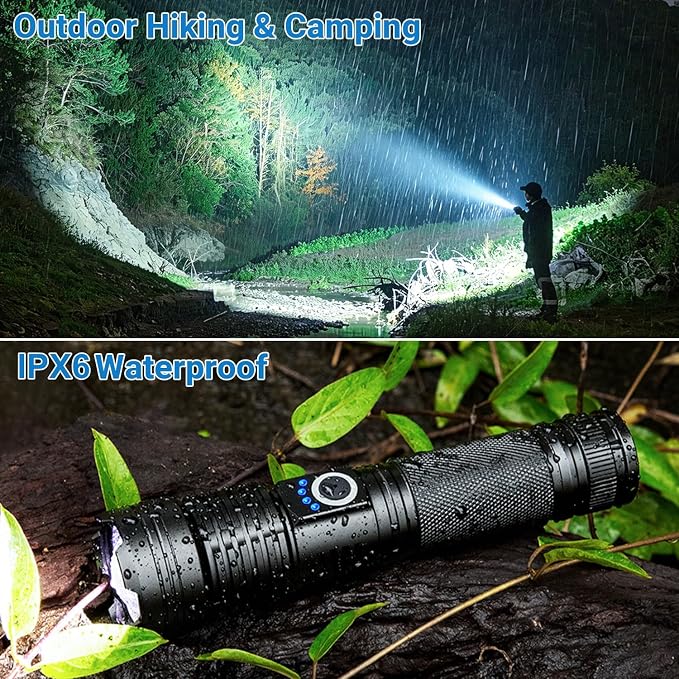 Rechargeable High Power LED Flashlight, 99,000 High Lumens Super Bright Flashlight, 5 Modes IPX6 Waterproof Handheld Flashlights for Home Emergency Camping Hiking（2 Pack）