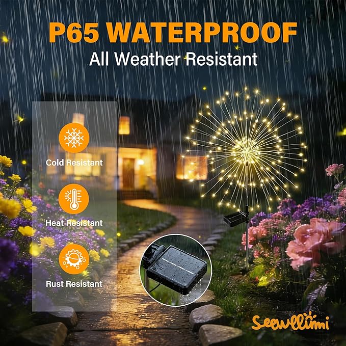 Solar Garden Lights Outdoor Decor Waterproof, 2Pack 120LED Firework Lights for Garden Decorative, Fairy Lights Solar Powered for Yard, Patio,Pathway,Flowerbed,Planter,Party(Warm White)
