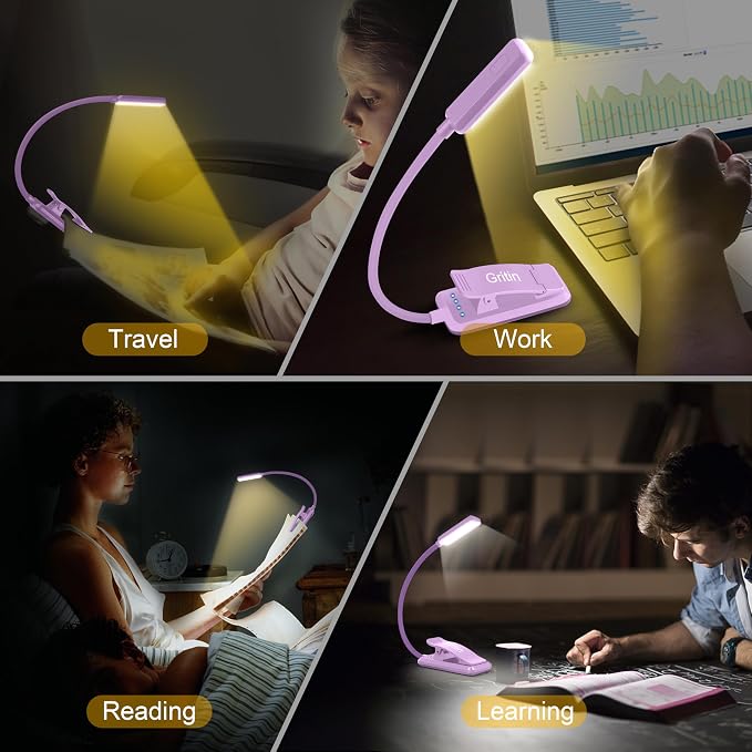 Gritin 9 LED Rechargeable Book Light for Reading in Bed | Eye Caring 3 Color Temps,Stepless Dimming Brightness,80 Hrs Runtime Small Lightweight Clip On Book Reading Light-Purple