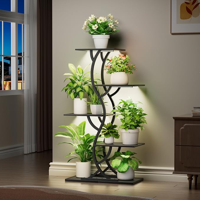 Plant Stand Indoor with Grow Lights - 5 Tiered Corner Plant Shelves (Black) | 44" Tall Metal Plant Shelf, S-Shape Lighted Flower Holder Dispaly Rack for Living Room, Home, Patio, Balcony