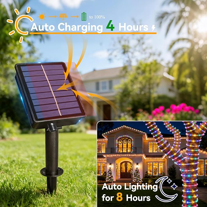 Ollny Solar Rope Lights Outdoor, 2 Pack Total 66FT 200 LED Multicolor String Lights with Remote, 8 Modes Waterproof Timer Tube Light for Tree Holiday Party Wedding Decor