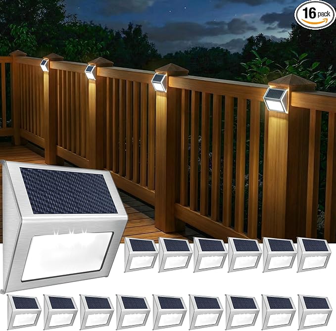 JSOT Solar Powered Lights Ideal for Step, Fence, Deck, Stair-Cool White-16P | Stainless Steel, Waterproof, Automatic Dusk to Dawn, Anti-Rust, Energy Efficient, Perfect for house decor