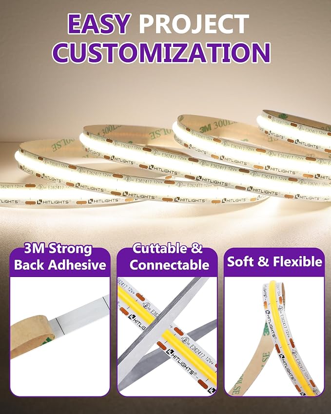 HitLights White COB LED Strip Lights 4000K, 16.4ft 12V Tape, UL Listed | 2640 LEDs, 426 lm/ft, CRI 90+, IP30, High Density, Cuttable, Rope Lighting for Kitchen Cabinets, Power Source Not Included