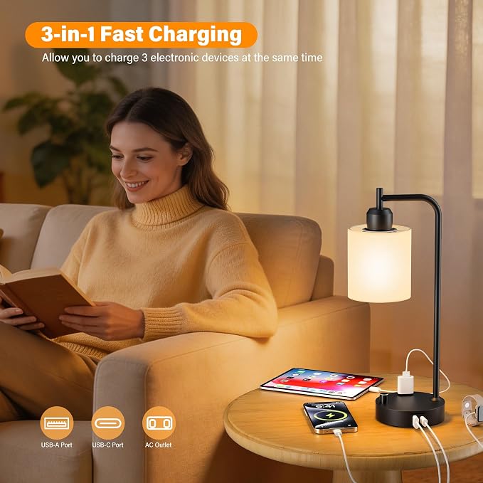 Industrial Table Lamps with Linen Shade, Set of 2 Fully Dimmable Bedside Lamps with USB A+C Ports and Outlet, Black Nightstand Desk Lamps for Bedrooms Living Room Office, 2 LED Bulbs Included