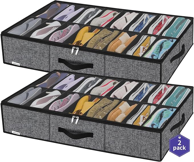 Onlyeasy Sturdy Under Bed Shoe Storage Organizer with Handles and Clear Window Fit 16 to 32 Pairs, Premium Foldable Shoes Container Box for Closet, 37.7x 23.6x 5.9 inch, Cotton-like Black, MXBUBS16P2