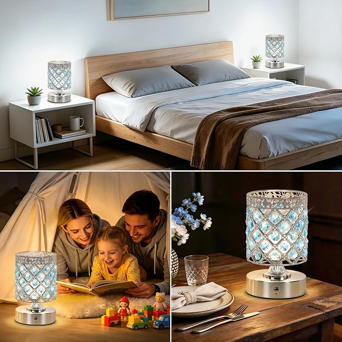 Blue Small Crystal Rechargeable Cordless Table Lamps Set of 2 | 6000mAh Battery, 3 Color Temps, Stepless Dimming, Touch Control, Portable Wireless Night Light for Bar Bedroom Living Room
