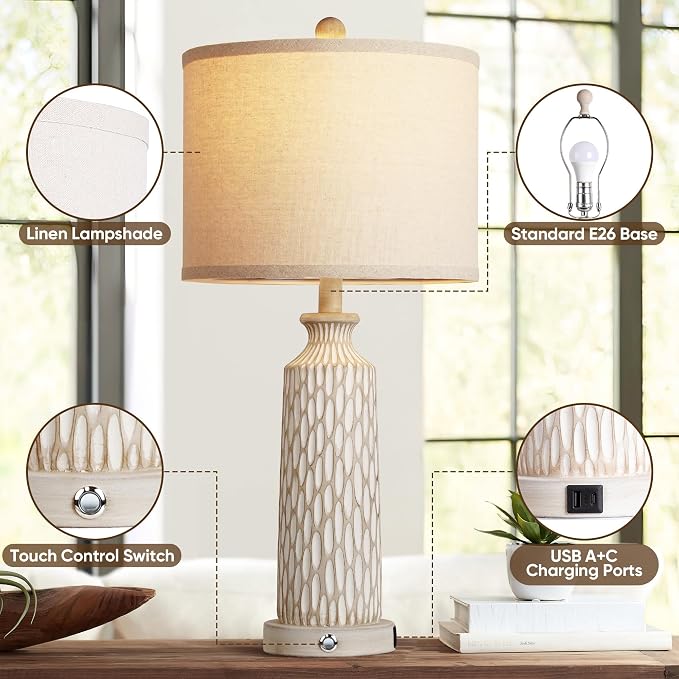 QiMH 26" Lamps for Bedroom, Farmhouse Table Lamp Set of 2, Off-White | USB A+C Charging Ports, Touch Control 3-Way Dimmable, Modern Resin Bedside Lamps for Living Room, 2700K LED Bulbs Included