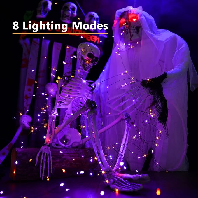 Brizled Outdoor Halloween Lights Orange Purple Solar Halloween Fairy Lights | 2 Pack Total 78FT 240 LED; Black Wire; 8 Modes; Waterproof Spooky Twinkle Lights for Yard Garden Spooky Party Decorations