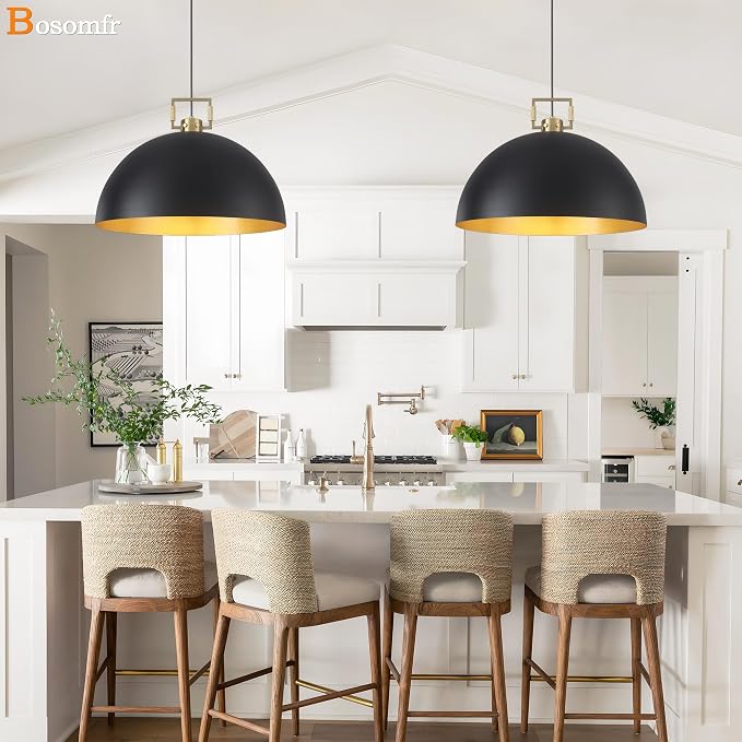 19.7" Vintage Pendant Light Industrial Pendant Light Dome Black and Gold Large Chandelier Light for Kitchen Island, Dining Room, Bedroom,Farmhouse Pendant Lighting