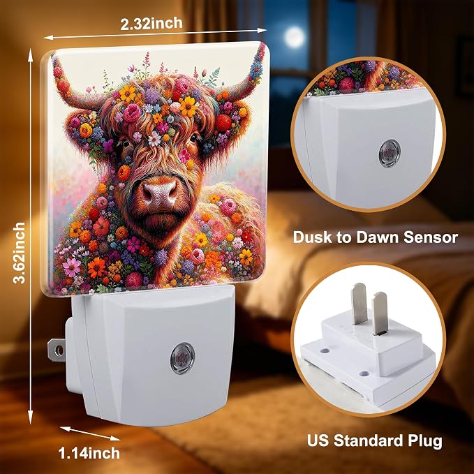 Night Lights Plug into Wall, Highland Cow Night Light with Dusk to Dawn Smart Sensor for Bedroom Bathroom Hallway Kitchen, Led Nightlights for Boys Girls Women Men