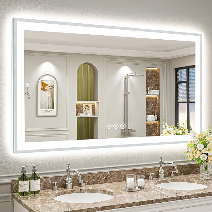 60x36 Inch Brushed Nickel LED Bathroom Mirror, Backlit & Front Lit | Silver Framed Anti-Fog Lighted Vanity Mirror with Lights, 3 Color Dimmable, Memory, HD Tempered Glass, CRI95, IP54, UL Listed