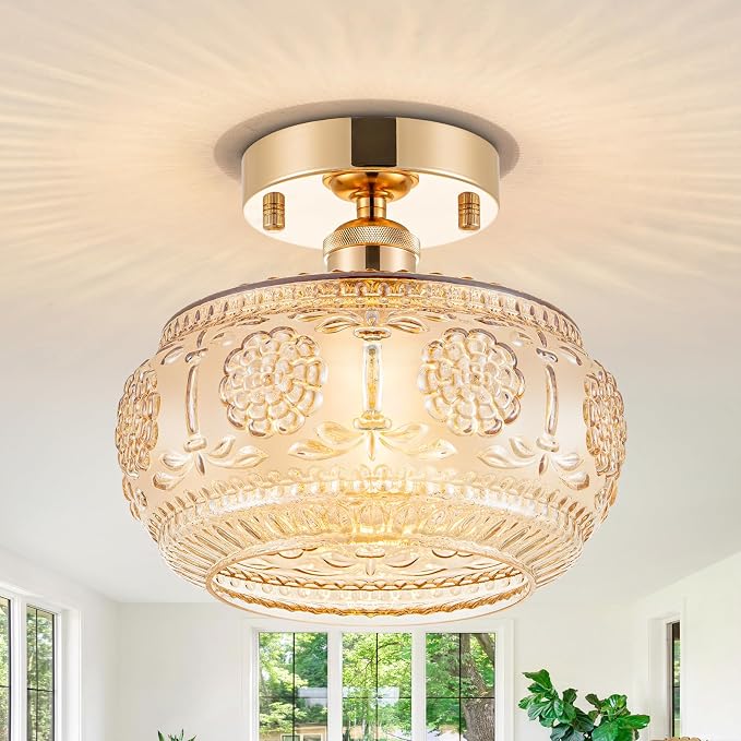 Semi Flush Mount Ceiling Light - French Gold Finish & Amber Floral Glass Shade, Vintage Modern Lighting for Bathroom, Kitchen, Bedroom (Bulb Not Included)
