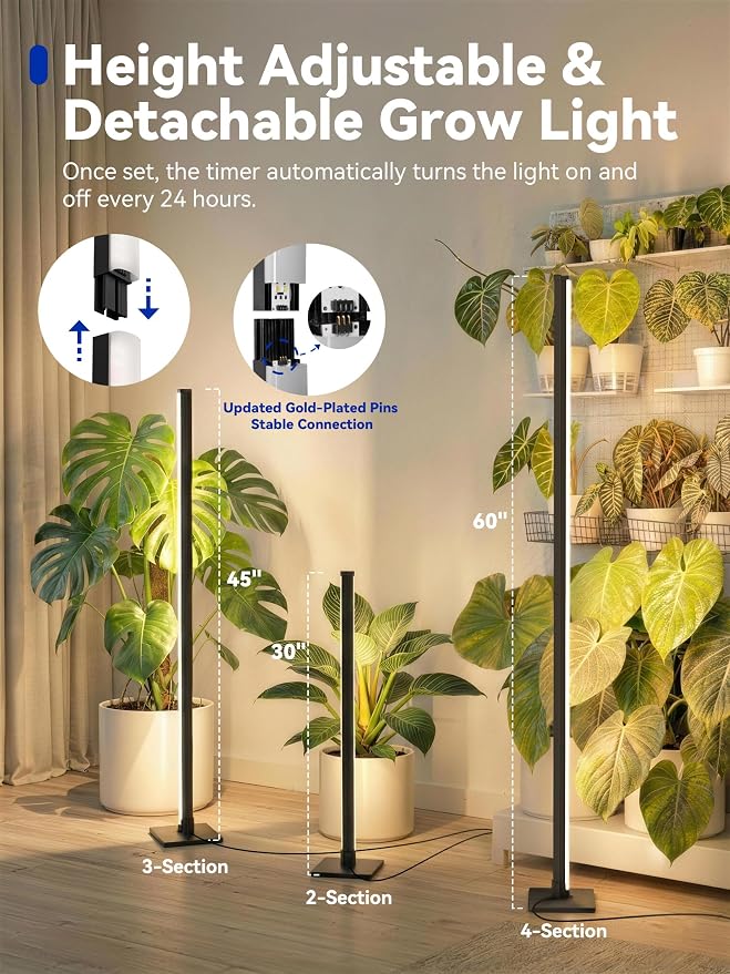 Vertical Grow Light for Indoor Plants, 60in LED Standing Lamp | 36W Full Spectrum Plant Lights with Auto Timer, 268 LEDs Dimming and 3 Light Modes for Wide Coverage Area in Indoor Gardens