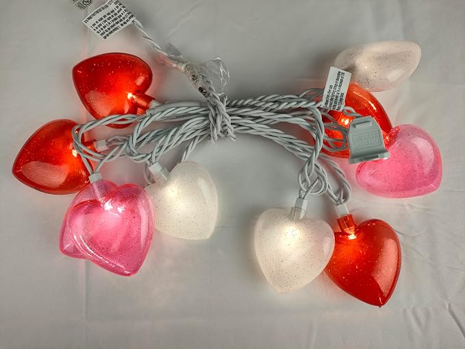 8.5ft Valentine’s Day Heart String Lights Plug in, Valentines Decoration | 10 LED Red Pink White Shatterproof Bulbs, Indoor Fairy Lights for Home Decor Wedding Outdoor Party, Warm White