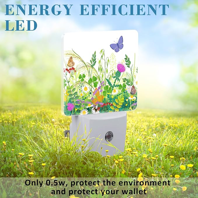 Summer Meadow Plants and Insects Night Light Plug into Wall with Dusk to Dawn Sensor Cute Nightlight for Kid Girls Boys Women Men Room Decor, Hallway, Kitchen, Bathroom, Nursery, Stairs