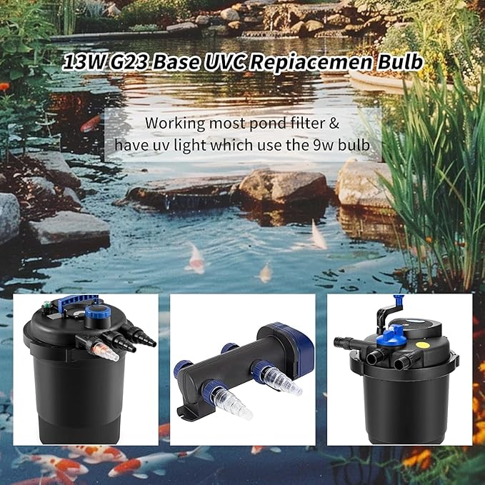13W Replacement Light Bulb, for Outdoor Pond Clarifier Compatible with JUP-01 UVE9 CF400 CF500 UV CP-9 UV Light for Fish Tank, Turtle Tank, Aquarium, 4 Pack 13W UV C Lamp for G23 Base