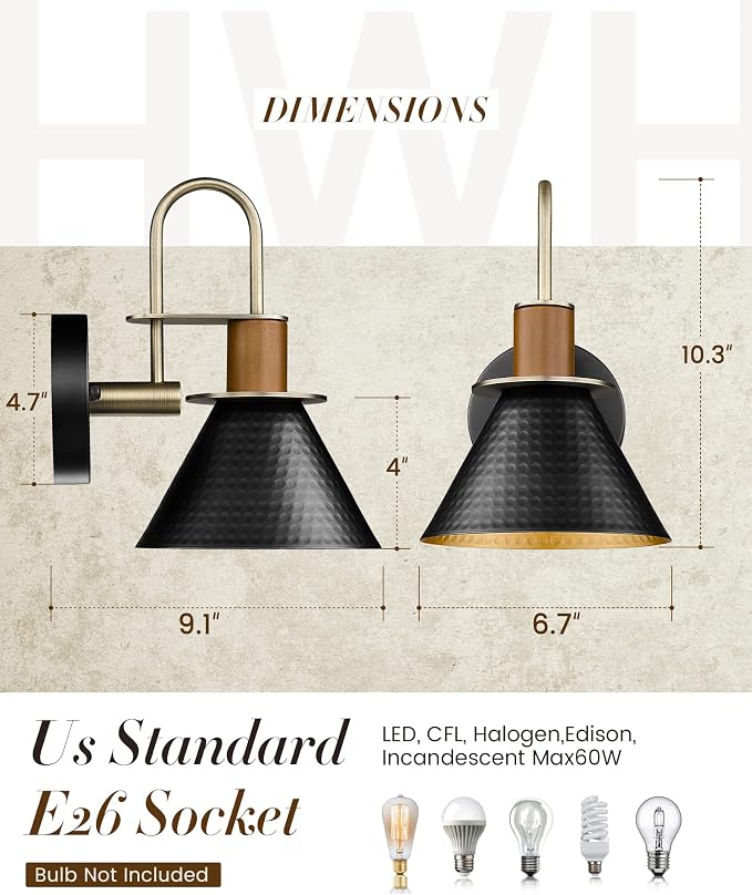 Black Wall Sconce, HWH Industrial Indoor Sconce Light Fixture, Single Wall Vanity Light Black Barn Wall Lamp with Hammered Metal Shade, Black and Gold Finish, 5HZG74B BK+BG