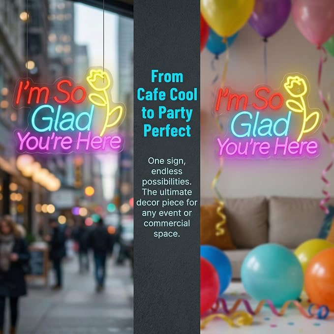 "I'm So Glad You're Here" Neon Sign - Welcome Decor with Rose | 15.7"x12.2" Multicolor LED Sign for Wall Decor, 6.5ft USB Powered & Dimmable, Hanging Chain Included