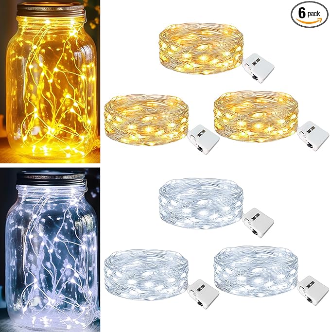 kolpop 6 Pack LED Fairy Lights Battery Operated, Mini Twinkle String Lights Battery Powered Waterproof for Christmas Mason Jars Party,2 Colors