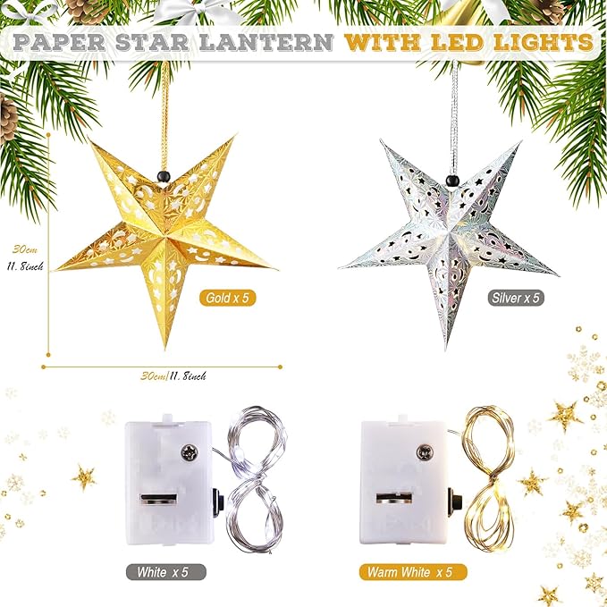 Zhanmai 10 Pcs Large 3D Paper Star Lantern with 10 LED Lights 11.8 Inch 5 Point Hollow Hanging Paper Star Lampshade Decoration Light Lanterns for Wedding Birthday New Year Party Home Decor