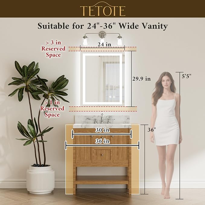 LED Bathroom Mirror 24 x 30 Inch Lighted Bathroom Vanity Mirror with Lights, Brighter Frontlit and Backlit Light up Anti Fog Mirror, 3-Color Dimmable, Shatterproof Tempered Glass, Waterproof