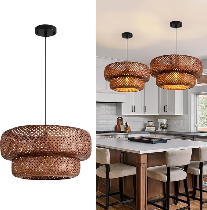 TeruTeru Ji Kaikang Bamboo Pendant Light,17.7" Brown Rattan Hanging Light | Boho Curry Bamboo Rattan Pendant Lights,Hand Woven Rattan Chandelier for Kitchen Island Dining Bedroom Living Room