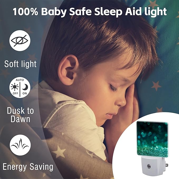 Green Gold Glitter Night Light - Plug into Wall, Green Sparkle Shining Lights Dusk to Dawn, 0.5w Energy Saving Sleep Friendly Night Light for Kids Boys Girls Home Decor