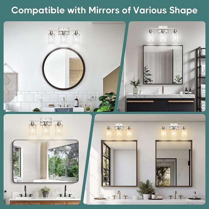 Ascher Bathroom Light Fixtures, 3-Light Vanity Light Over Mirror, Brushed Nickel Wall Sconces with Clear Glass Shades, Wall Lamp for Living Room Bedroom, E26 Base(Bulbs Not Included)