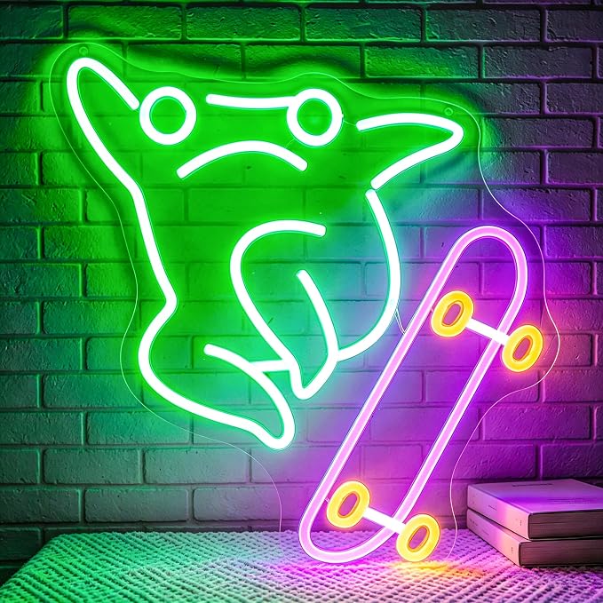 Frog Neon Lights Signs Neon Sign Led Sign Light for Wall Decor | Skateboard Frog Neon Sign for Room Decor,Man Cave Decoration,Dormroom,Wall Decor,Gift,5V USB Powered Dimmable