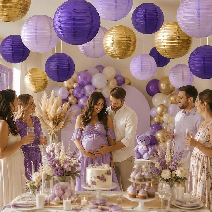 21-Pack Purple Gold Hanging Paper Lanterns Decorative | Round Lavender Lanterns Party Supplies for Graduation, Wedding, Bachelorette Event, Birthday & Baby Shower