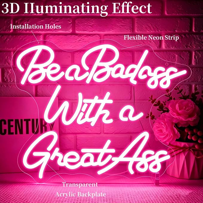 Pink Neon Sign Led Sign Neon Signs for Wall Decor Neon Lights | Be A Badass with A Great Ass Led Light Up Sign, Pink Room Decor, Girls Gift, Party, Gym Wall Decor, 5V USB Powered