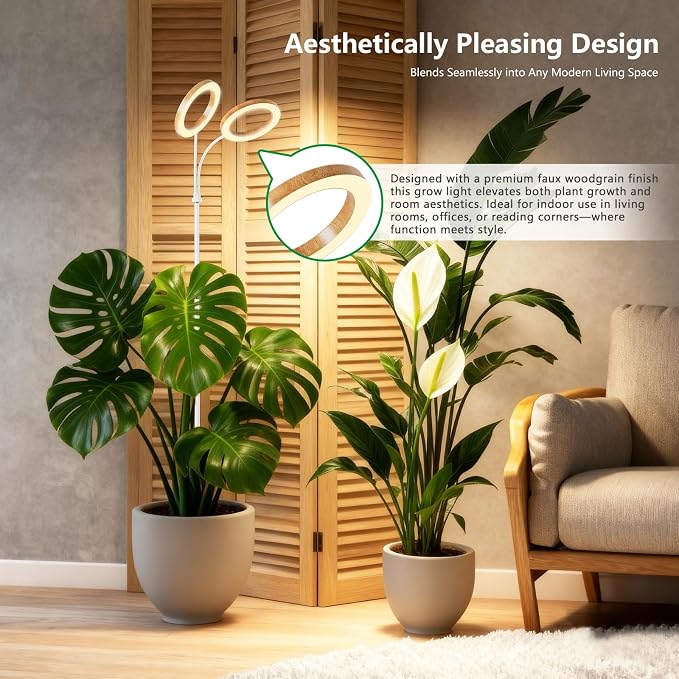 SDOVUERC Full Spectrum Grow Light with Stand for Indoor Plants, Floor Plant Light, 6/12/18H Timer, 3 Color Modes, Adjustable Height 16.5–68in, for Large Plants & Home Décor(2 Heads,Faux Wood Grain)